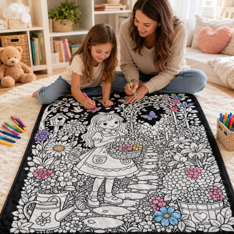 May include: A rectangular black and white coloring blanket featuring a central illustration of a girl holding a flower basket in a garden. The design includes a birdhouse, a watering can, a stone path, and various flowers, with some elements partially colored in pink, yellow, and blue.