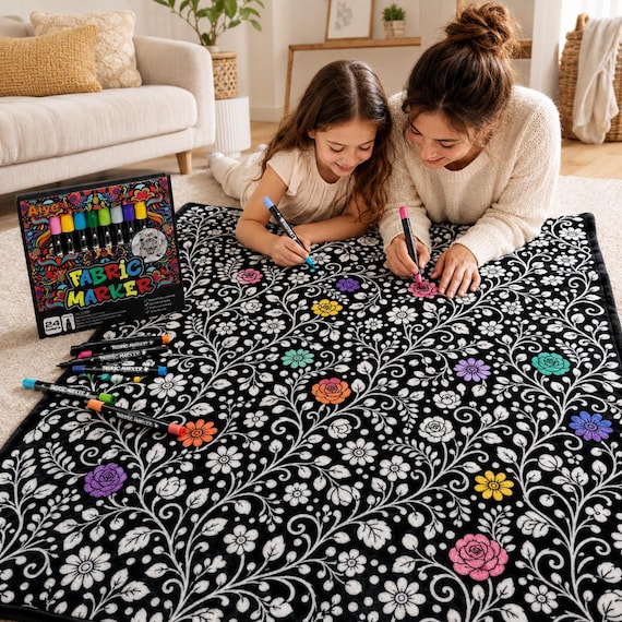 Color Your Own Blanket With 24 Fabric Markers, DIY Coloring Fleece Blanket, Kids Art Activity Gift, Animal Floral Dinosaur Style Craft Kit