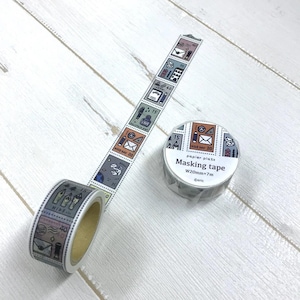 May include: Decorative masking tape with a postage stamp design. The tape features illustrations of envelopes, pens, and other stationery items in shades of gray, orange, and blue. The roll is 20mm wide and 7m long.