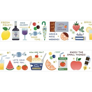 May include: Decorative washi tape featuring colorful illustrations of food and drinks, including a lemon, grape juice, chocolate bar, strawberry, and ice cream. Text includes "Fresh Fruit!", "Nice Holiday", and "Enjoy the Small Things!"