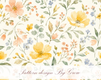 Seamless Watercolor Wildflower Pattern, Pastel Floral Digital Paper, Cottagecore Botanical Background, Fabric Print Design