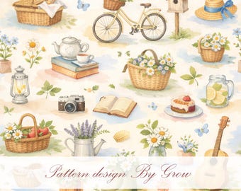 Cottagecore Watercolor Seamless Pattern – Cozy Picnic & Floral Illustration