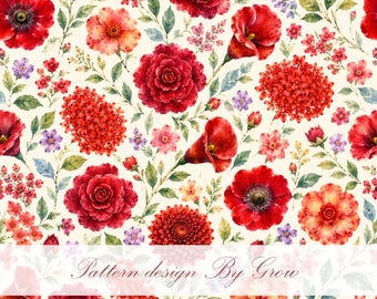 Red Watercolor Floral Seamless Pattern | Botanical Fabric Design (Digital Download)