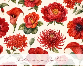 Vintage Red Floral Seamless Pattern, Watercolor Botanical Digital Paper (Instant Download)