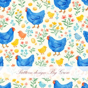 Blaue Henne Küken Florales nahtloses Muster, Volkskunst Bauernhaus Stoffdesign (digitaler Download)