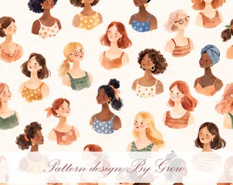 Empowered Diverse Women Watercolor Seamless Pattern, Feminine Textile Design, 12x12 Digital Download