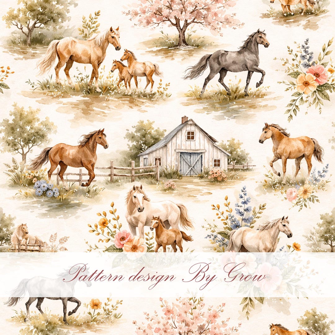 Seamless Watercolor Horse Pattern, Cottagecore Ranch Floral Print ...