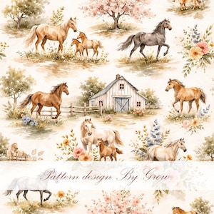 Könnte beinhalten: Aquarellmuster mit Pferden in einer ländlichen Umgebung. Das Design umfasst verschiedene Pferderassen, eine weiße Scheune, Bäume und florale Akzente. Der Text "Pattern design By Grow" befindet sich unten.