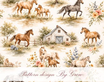 Seamless Watercolor Horse Pattern, Cottagecore Ranch Floral Print, Vintage Farm Barn digital download