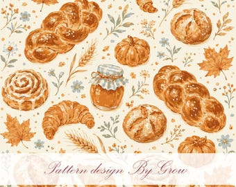 Watercolor Bakery Seamless Pattern, Autumn Bread Croissant Design (Digital Download)