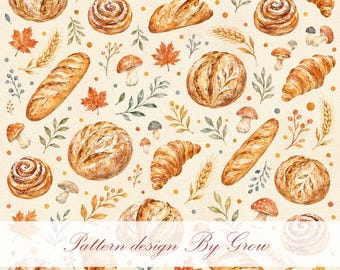 Autumn Bread Seamless Pattern, Watercolor Bakery Fall Design, Cozy Cottagecore Digital Paper,digital download