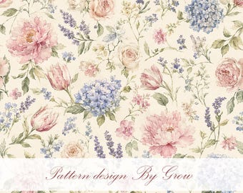 Watercolor Floral Seamless Pattern, Pink Peony Rose, Blue Hydrangea (Digital Download)