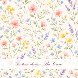 May include: Watercolor floral pattern featuring pink, yellow, blue, and purple flowers with green stems and leaves. The design includes the text "Pattern design By Grow" in a cursive font, set against a cream-colored background.