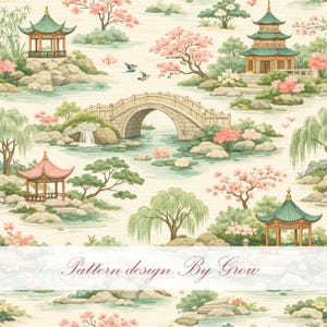Peut inclure: Un motif serein de style aquarelle représentant un jardin japonais. Le motif comprend des pagodes, des ponts en arc, des cerisiers en fleurs et une rivière. Le texte "Pattern design By Grow" est en bas.