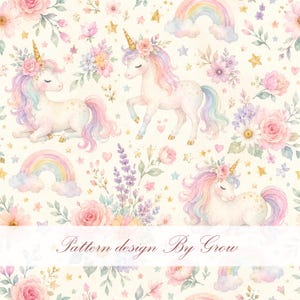 Puede incluir: Patrón de acuarela con unicornios, arcoíris, flores y estrellas en colores pastel. El diseño incluye el texto "Pattern design By Grow" en una fuente cursiva, creando una estética caprichosa y soñadora.