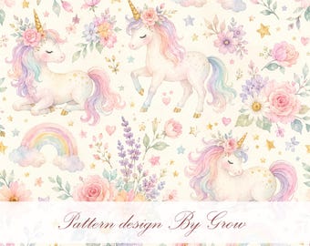 Diseño floral de unicornio sin costuras • Papel digital de acuarela en tonos pastel (descarga PNG)