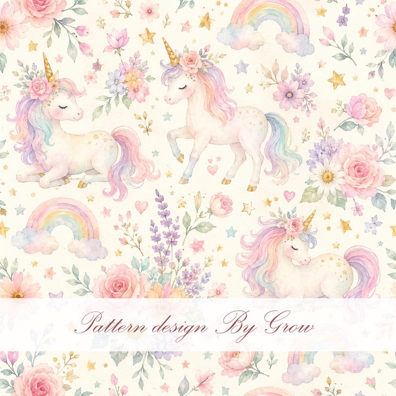 Unicorn Floral Seamless Pattern • Pastel Watercolor Digital Paper (PNG ...