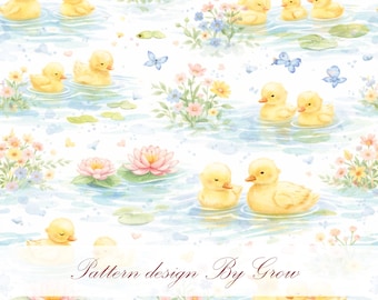 Watercolor Ducklings Seamless Pattern – Pastel Nursery Digital Paper, Spring Cottagecore Design