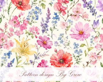 Watercolor Floral Seamless Pattern, Peony Rose Hydrangea Design (Digital Download)