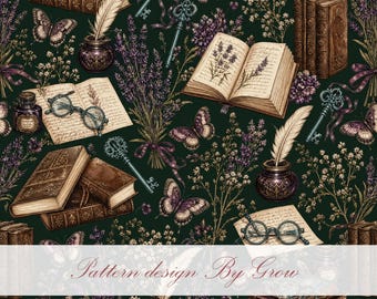 Dark Academia Floral Seamless Pattern, Vintage Books Butterfly Digital Paper (PNG)