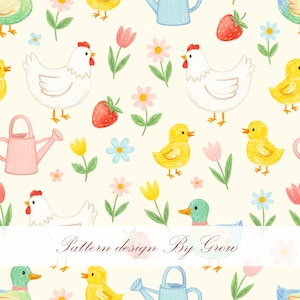 May include: A whimsical pattern featuring chickens, ducklings, strawberries, flowers, and watering cans in pastel colors. The design includes tulips, daisies, and other floral elements, creating a cheerful, spring-themed illustration. The text "Pattern design By Grow" is at the bottom.