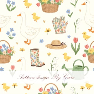 May include: A repeating pattern featuring white geese, yellow ducklings, floral baskets, gardening gloves, a straw hat, and rain boots. The design includes tulips, forget-me-nots, and a watering can, all on a cream background. Text reads "Pattern design By Grow".