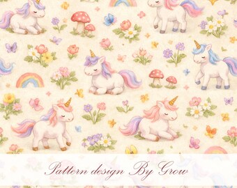 Pastel Unicorn Floral Seamless Pattern, Watercolor Rainbow Kids Fabric Design (Digital Download)