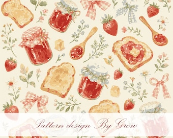 Watercolor Strawberry Jam Toast Seamless Pattern (Digital Download)