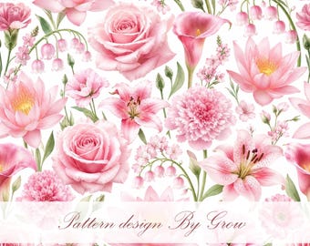 Elegant Pink Botanical Seamless Pattern | Luxury Floral Digital Paper | Romantic Flower Background