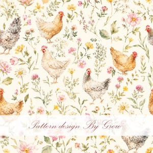 Watercolor Chicken Floral Seamless Pattern, Cottagecore Farmhouse Digital Paper (Instant Download)