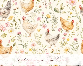 Watercolor Chicken Floral Seamless Pattern, Cottagecore Farmhouse Digital Paper (Instant Download)