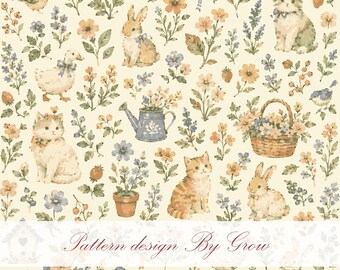 Cottagecore Floral Seamless Pattern | Bunny, Cat, Duck, Bird Digital Paper (12x12 PNG)