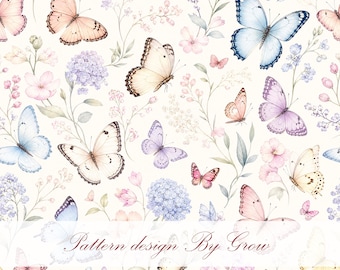 Watercolor Butterfly Seamless Pattern, Pastel Floral Digital Paper (digital download)