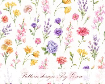 Watercolor Floral Seamless Pattern PNG, Pastel Wildflower Digital Download
