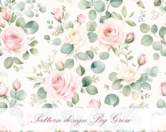 Watercolor Rose Eucalyptus Seamless Pattern, Blush Pink Floral Digital Paper (PNG)