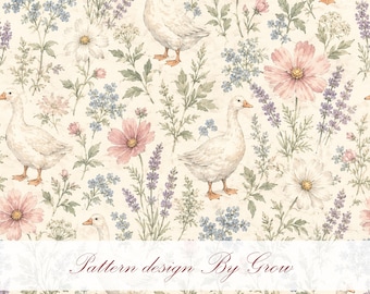 Watercolor Geese Floral Seamless Pattern, Cottagecore Fabric Design (Digital Download)