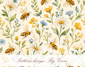 Watercolor Bee Floral Pattern, Cottagecore Wildflower Digital Paper (PNG Download)