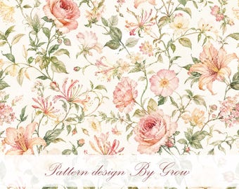 Watercolor Floral Seamless Pattern, Vintage Botanical Digital Paper, Rose Lily Fabric Design (Digital Download)