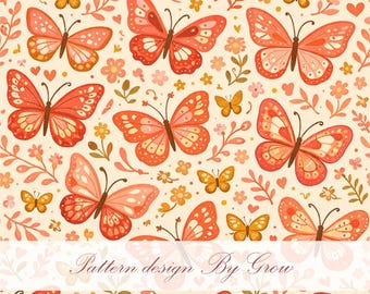 Seamless Floral Butterfly Pattern, Pastel Spring Fabric Design (PNG Download)