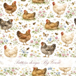 Può includere: Un motivo ripetuto con illustrazioni ad acquerello di galline, farfalle, api e fiori selvatici nei toni del marrone, bianco e pastello. Il testo "Pattern design By Grow" è in basso.