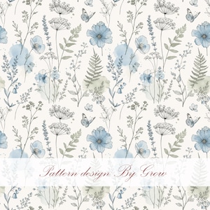 May include: A repeating pattern featuring delicate line drawings of wildflowers, ferns, and butterflies in shades of blue and grey on a cream background, with soft blue watercolor accents and the text Pattern design By Grow at the bottom.