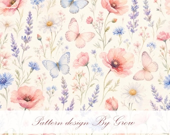 Watercolor Floral Butterfly Seamless Pattern, Pastel Cottagecore Botanical Digital Paper (PNG Download)