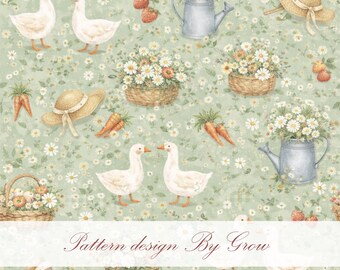 Cottagecore Goose Daisy Garden Seamless Pattern (Digital Download)