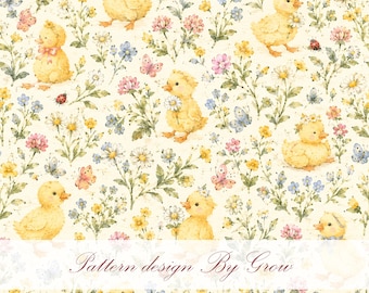 Watercolor Duckling Meadow Seamless Pattern, Floral Repeat Fabric Design (Digital Download)