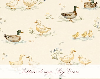 Farm Duck Seamless Pattern, Watercolor Cottagecore Digital Paper (PNG Download)