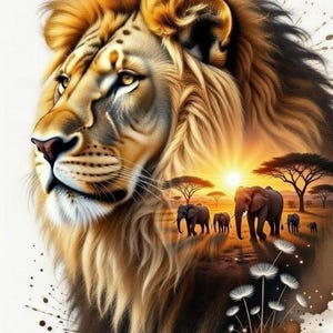May include: A detailed illustration of a lion's head with a golden mane, set against an African savanna scene. Elephants walk towards a sunset, with paint splatter effects adding artistic flair. The artwork evokes a sense of wildlife and nature.
