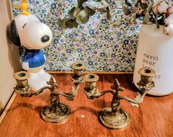 Coppia di candelabri in ottone antico - Coppia di candelieri in ottone antico - Coppia di candelieri in ottone e bronzo