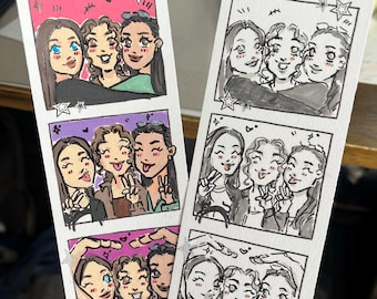 May include: Two vertical paper bookmarks featuring hand-drawn illustrations of three people in a photo booth style. One bookmark is in full color with pink and purple backgrounds, while the other is in black and white. Both include the text Beth & Caz & Mon.