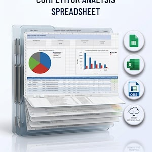 May include: A digital competitor analysis spreadsheet featuring a dashboard with a pie chart, bar graph, and data tables. The interface includes tabs for SWOT matrix and revenue graphs. Icons for Google Sheets, Excel, ODS, and instant download are visible.