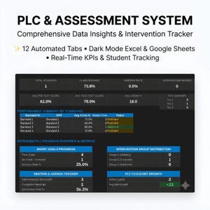 May include: A digital PLC & Assessment System spreadsheet featuring 12 automated tabs, dark mode interface, and real-time student tracking. The dashboard displays performance metrics, standard summaries, smart goals, and intervention group data.